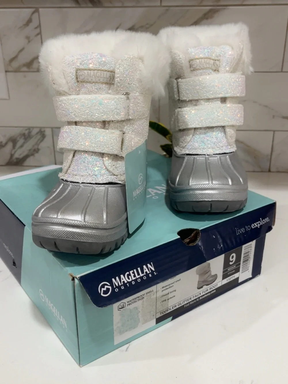 Magellan Outdoors White Glitter Faux Fur Toddler Snow Boots